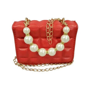 Red Golden Mini Clutch Handbag Purse. Pearls and Sparkles.